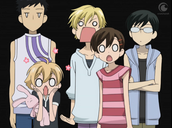 An Ouran high School Host Club screenshot. Haruhi, Tamaki, and Honey look shocked while Mori and Kyoya stand slightly behind them, expressionless.